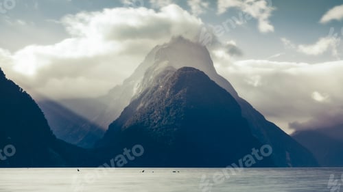 Preview: Milford sound peak at sunset in cold tones, New Zealand
