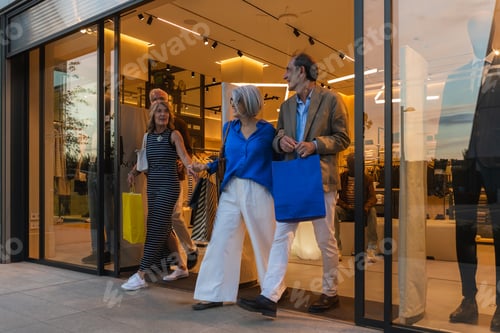 Preview: Mature friends walking out of clothing store with shopping bags