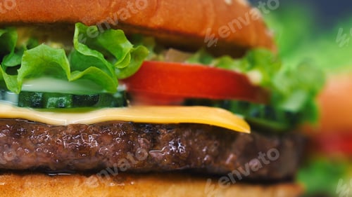 Preview: Macro detailed view of juicy beef burger layers