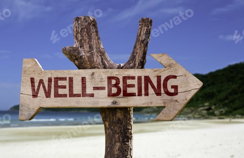 Preview: Well-Being Wooden Sign With A Beach On Background