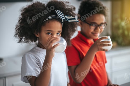 Preview: Milk for breakfast. Two siblings in the kitchen having milk for breakfast