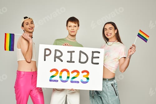 Preview: happy and tattooed gay men in colorful clothes standing with rainbow flags near queer friend holding