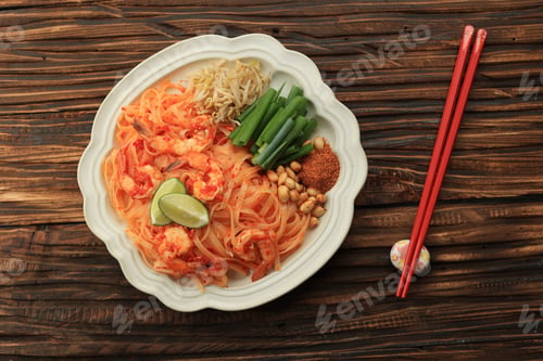 Preview: Top View Shrimp Pad Thai Made with Organic Rice Noodles