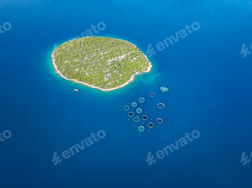 Preview: Top view of sea fish farm cages and fishing nets