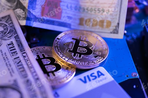 Preview: Golden coin with bitcoin symbol and dollar banknote