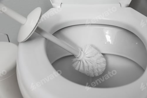 Preview: Cleaning toilet bowl with brush indoors, closeup