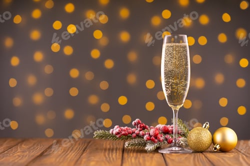 Preview: Wine Glass With Bubbly Champagne On Blurry Sparkling Lights Background