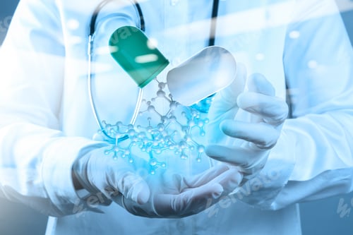 Preview: Double Exposure Of Scientist Doctor Hand Holds Virtual Molecular Structure In The Lab