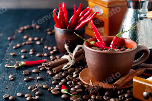 Preview: Coffee beans and red chilly peppers