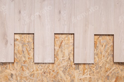 Preview: Laminate floor on wood osb background texture. Wooden laminate floor and chipboard background