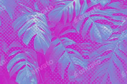 Preview: Pink and blue monstera leaf halftone style background illustration