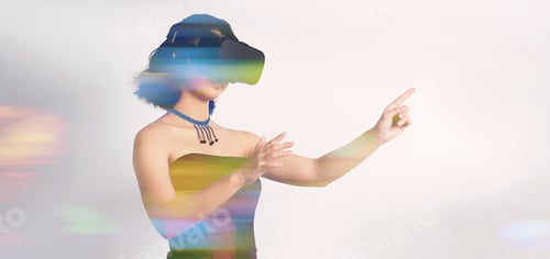Preview: Asian teenage woman wearing VR or Virtual Reality head set and enter to the digital simulation world