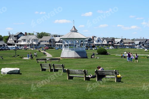 Preview: People milling around in Ocean Park, in Oak Bluffs, Massachusetts on the island of Martha