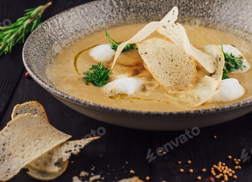 Preview: Creamy soup served in bowl with bread chips, herbs and spices on dark wooden background