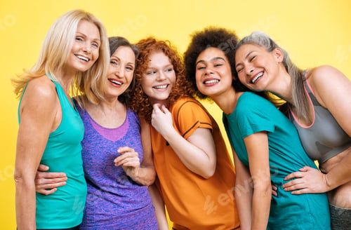 Preview: Group of different kind of women with different body, age, and ethnicity making sport