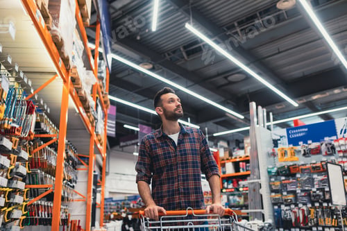 Preview: buy a man walking with a basket in a hardware store