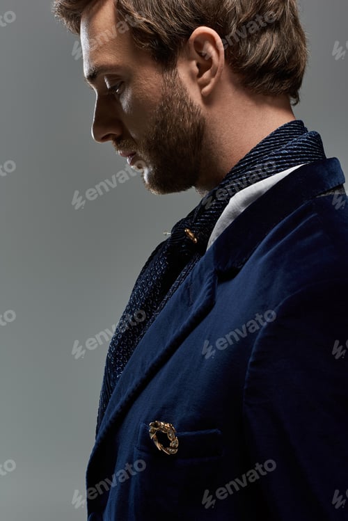 Preview: A dandy elegantly poses in stylish attire against a minimalist background in soft lighting