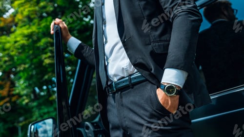 Preview: Cropped image of a modern businessman standing near his car outside