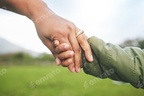Preview: Closeup, mother and child holding hands in park, morning walk and bonding with trust, support and l