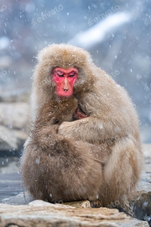 Preview: Snow monkey holding baby monkey in a snowstrom, Japan