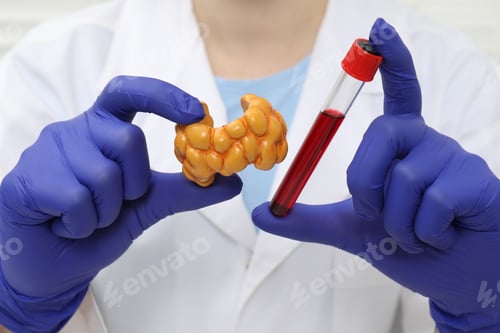 Preview: Endocrinologist showing thyroid gland model and blood sample in test tube, closeup