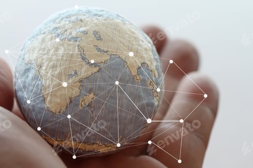 Preview: Close Up Of Businessman Hand Showing Texture The World With Digital Social Media Network Diagram