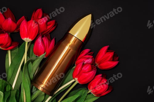 Preview: Pacifism, non-violence movement or Victory Day. Bullet and bunch of red tulips.