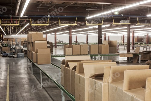 Preview: Interior view of a large distriubiton warehouse showing a mototized converyor system to move