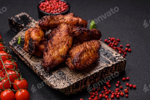 Preview: Delicious juicy chicken wings baked on the grill with salt, spices and herbs