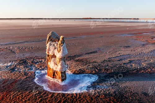 Preview: Tranquil minimalist landscape with smooth surface of the pink salt lake