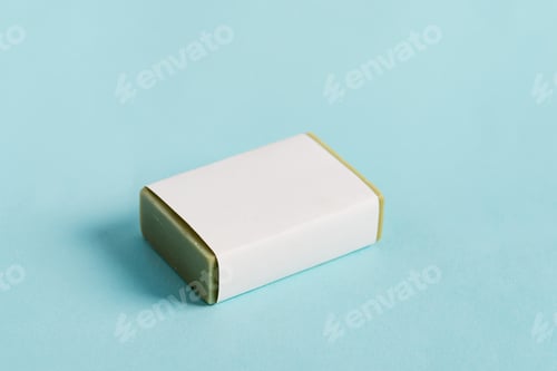 Preview: Soap wrap Box Mock-up package with bar olive soap isolated on blue background