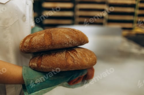 Preview: A woman holding freshly baked bread in her gloved hands
