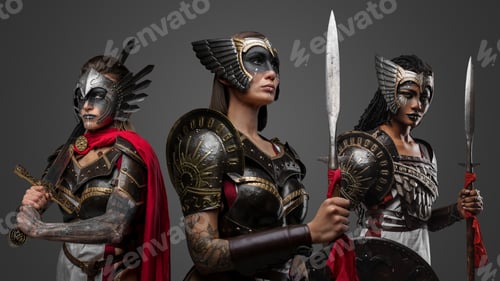 Preview: Medieval female soldiers posing together against grey background