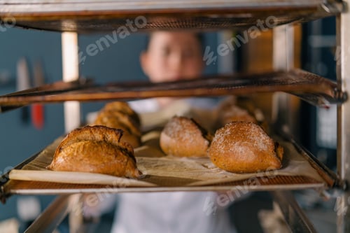 Preview: bakery fresh and fragrant bread lies on the shelves of the craft production of flour products