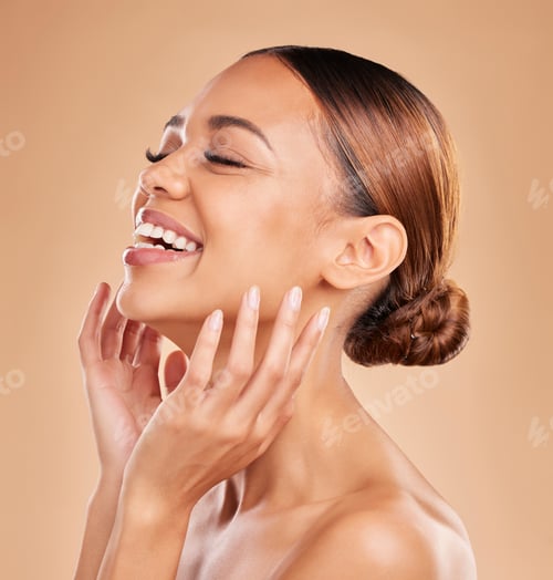Preview: Smile, beauty and a woman with hands on face for skin care glow and shine in studio on brown backgr