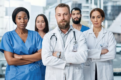 Preview: Portrait of a group of medical practitioners standing together in a hospital
