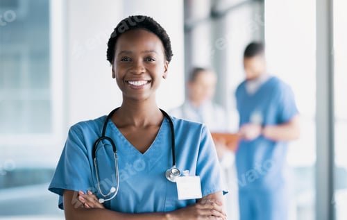 Preview: Smile, nurse and portrait of black woman with arms crossed in hospital for healthcare, wellness and