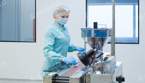 Preview: Pharmacy industry woman worker in protective clothing operating production of tablets in sterile