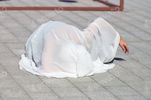 Preview: Female performer covered in white silk scarf waving gracefully, female outdoor dance performance