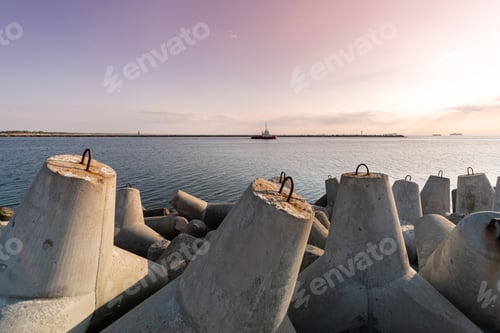 Preview: Tugboat sailing in sea to tow ship to port. Tetrapod breakwaters in harbor