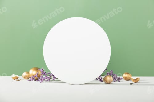 Preview: Empty round podium, easter gold eggs with spring flowers on a green background