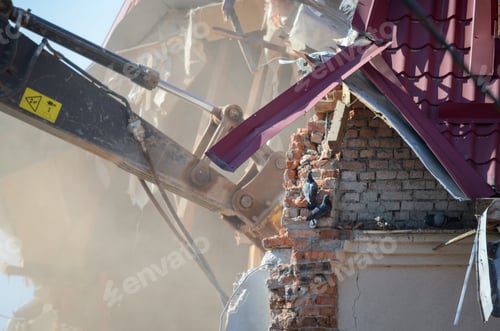 Preview: Excavator destroys a house. Building reconstruction. Engineering work.