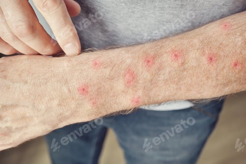 Preview: Caucasian mature male with skin rash and red spots on arm