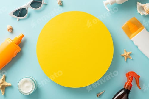 Preview: Healthy summer tan concept. Above view photo of empty circle surrounded by sunscreen bottles