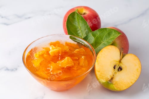 Preview: Glass jar of delicious apple jam and fresh fruits