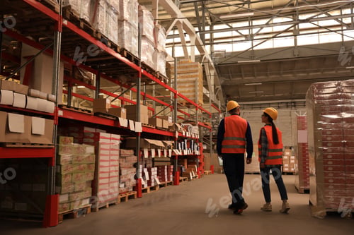 Preview: Manager and worker at warehouse, back view. Logistics center
