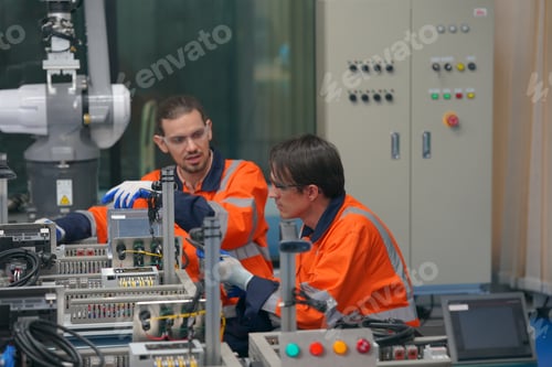 Preview: Robotic Arm engineer check on equipment in its with software of an Artificial Intelligence Computer