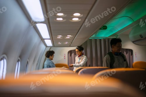 Preview: Passengers are sitting in the passenger cabin while travel by commercial air plane.