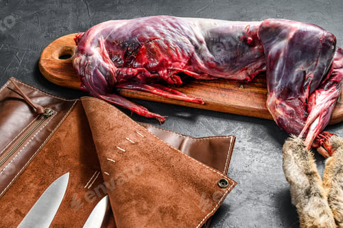 Preview: The slaughter of the rabbit, animal slaughter. Whole carcass of a farm rabbit. Top view