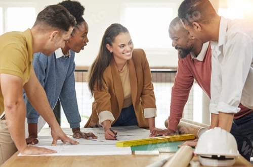 Preview: Planning, architecture and business people in meeting for blueprint, discussion and engineering des